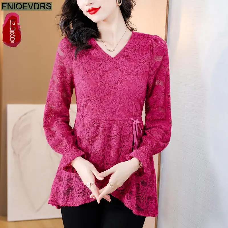 M-4XL Hollow Out Lace Shirts2023 Women European Style Office Lady Drawstring Waist Bow Tie Thick Winter Tunic Peplum Top Blouses