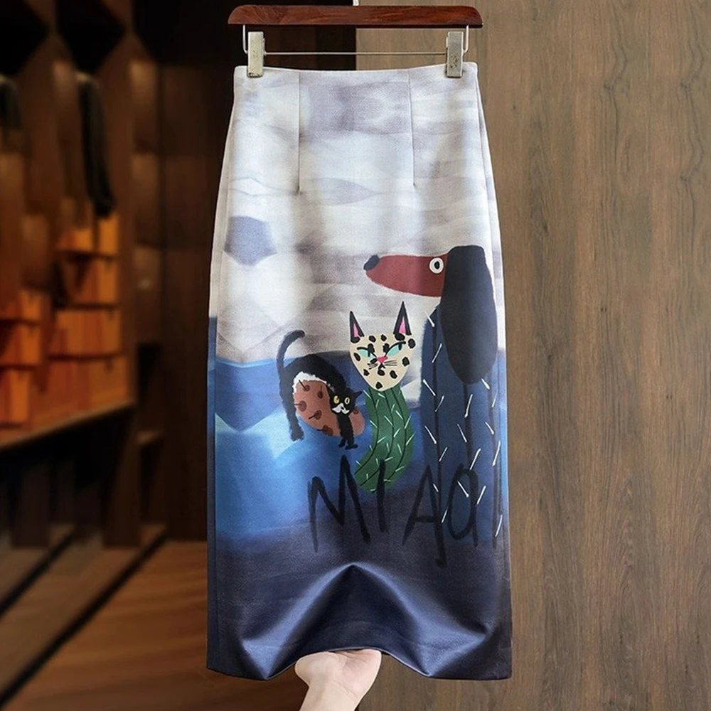 

Printed hip-wrapped skirt women's versatile high-waisted and thin a-shaped split-ended medium and long skirt summer