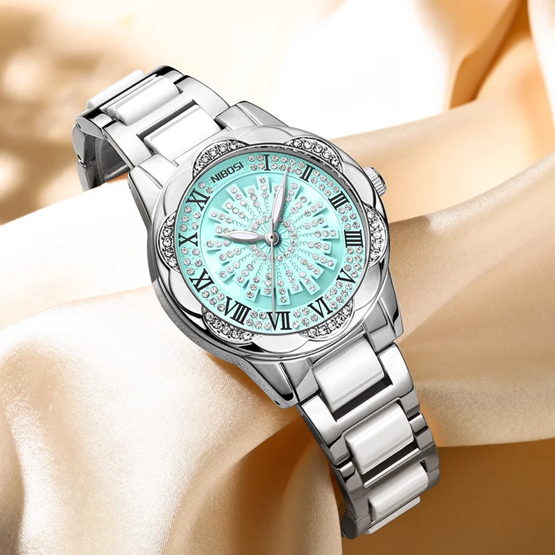 NIBOSI 2025 ساعة نسائية عصرية فاخرة من الفولاذ المقاوم للصدأ سوار ساعة يد بسيط ماسي مقاوم للماء ساعات مضيئة للسيدات #1