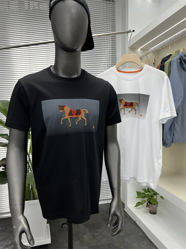 

Heavy Embroidery ort Sve T-irt for Men Summer Faion Brand Silk Lustrous Cotton Long Velvet Bru Cotton Tee