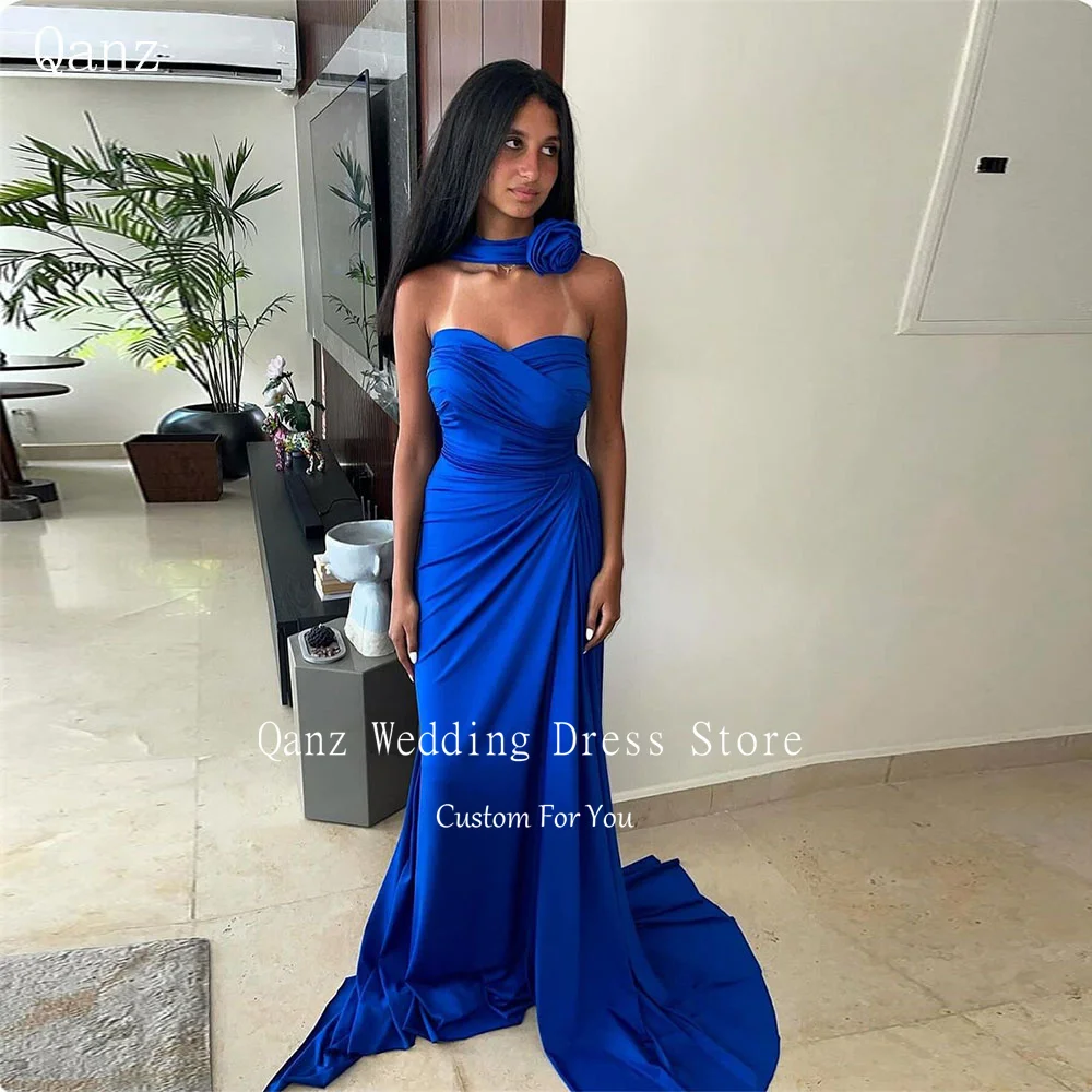 

Qanz Sexy Mermaid Evening Dresses Strapless Royal Blue Satin Lace Up Back Vestidos De Festa Long Party Prom Dresses 2024 Women