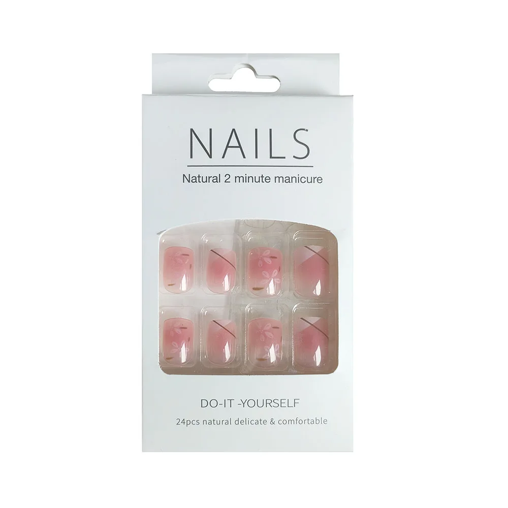 24Pcs/Box Spring Style Acrylic Press On Nails French Nail Tips Full Cover Flower Leaf False Artificial Nails