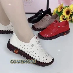 New Spring Sneakers Women Shoes Platform Loafers Casual Lace Up Leather PU Flat Slip-On Mom Hollow Out Summer Footwear Big Size