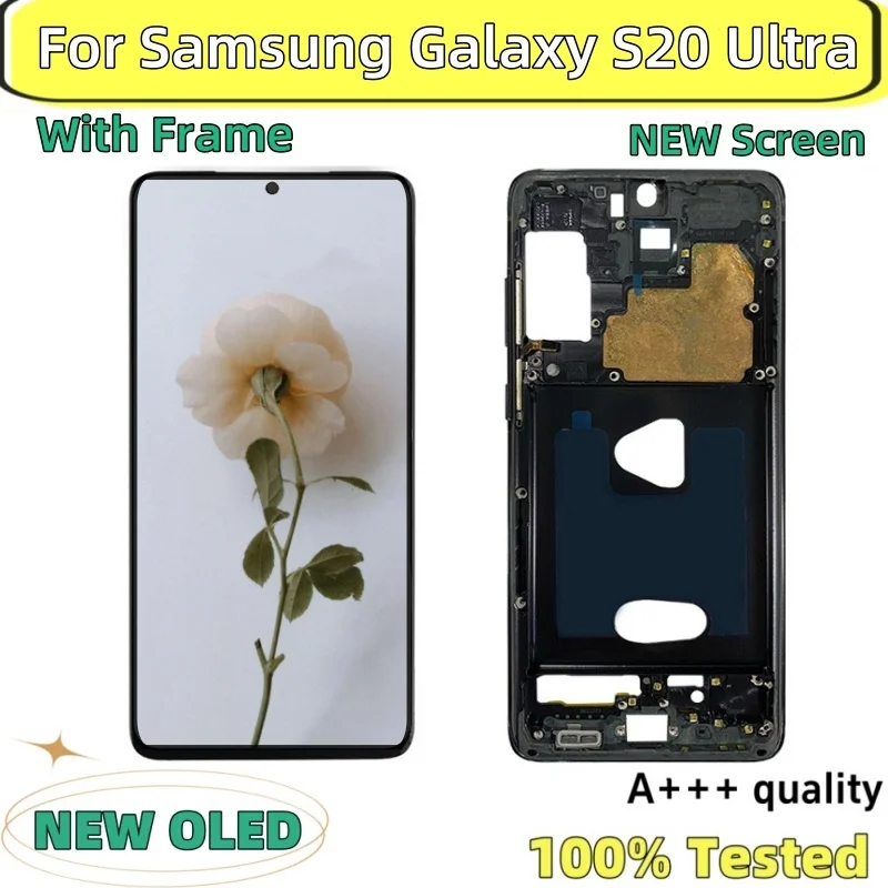 Super OLED S20 Ultra Display with Frame for Samsung Galaxy S20 Ultra G988U G988B LCD Touch Screen Digitizer Assembly Replacement