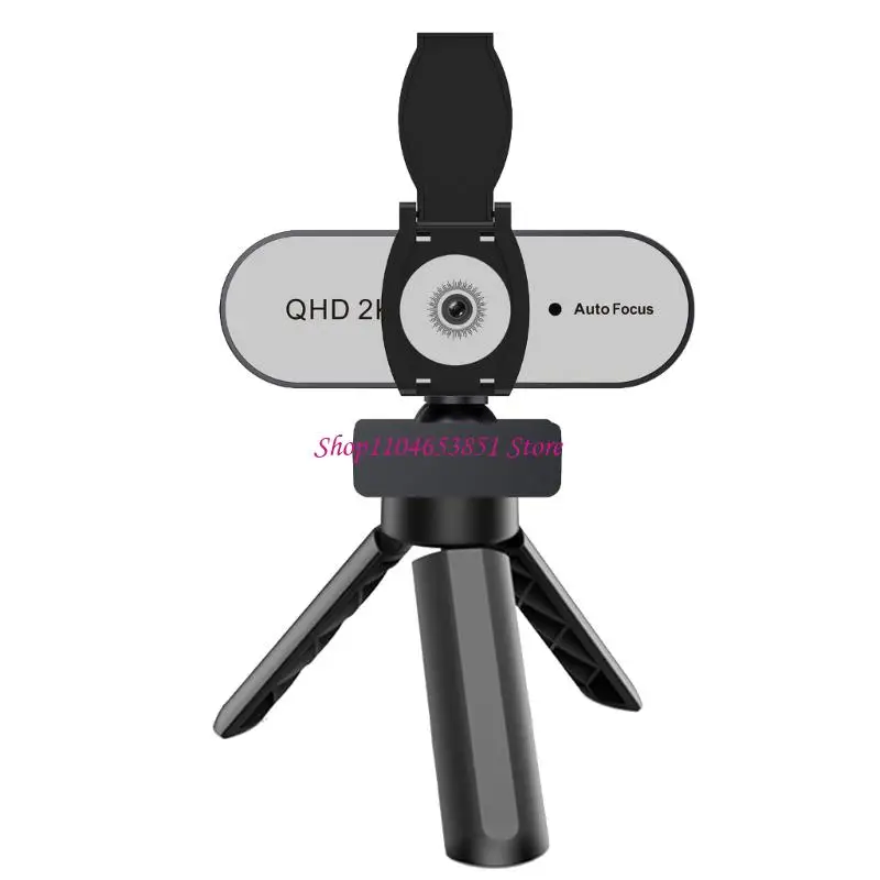 AutoFocus Silver Webcam with Tripods Stand and Lens Cover for Video Calls 