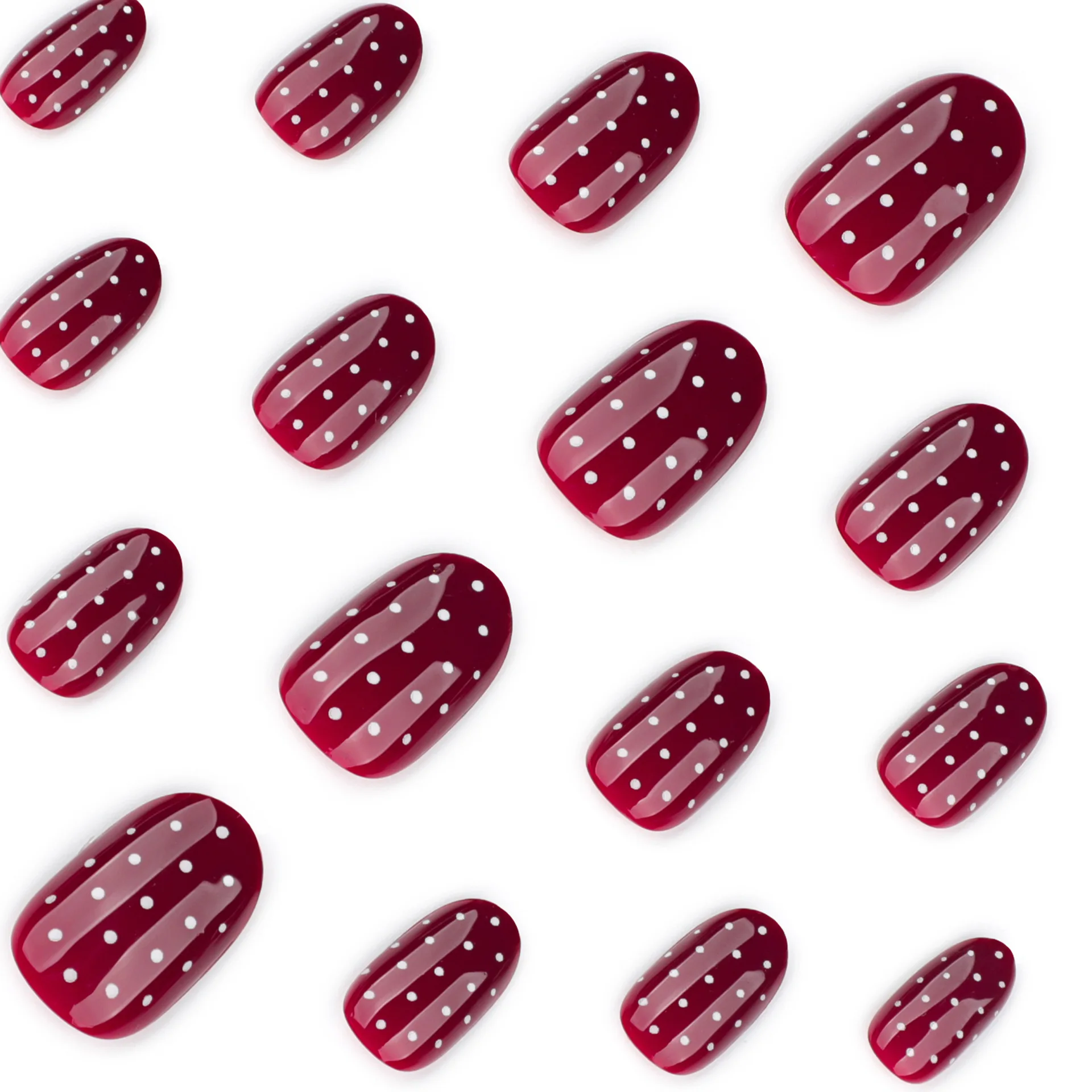24 Uds. De uñas postizas redondas cortas rojas con estampado de puntos blancos, uñas postizas desmontables europeas para Otoño e Invierno