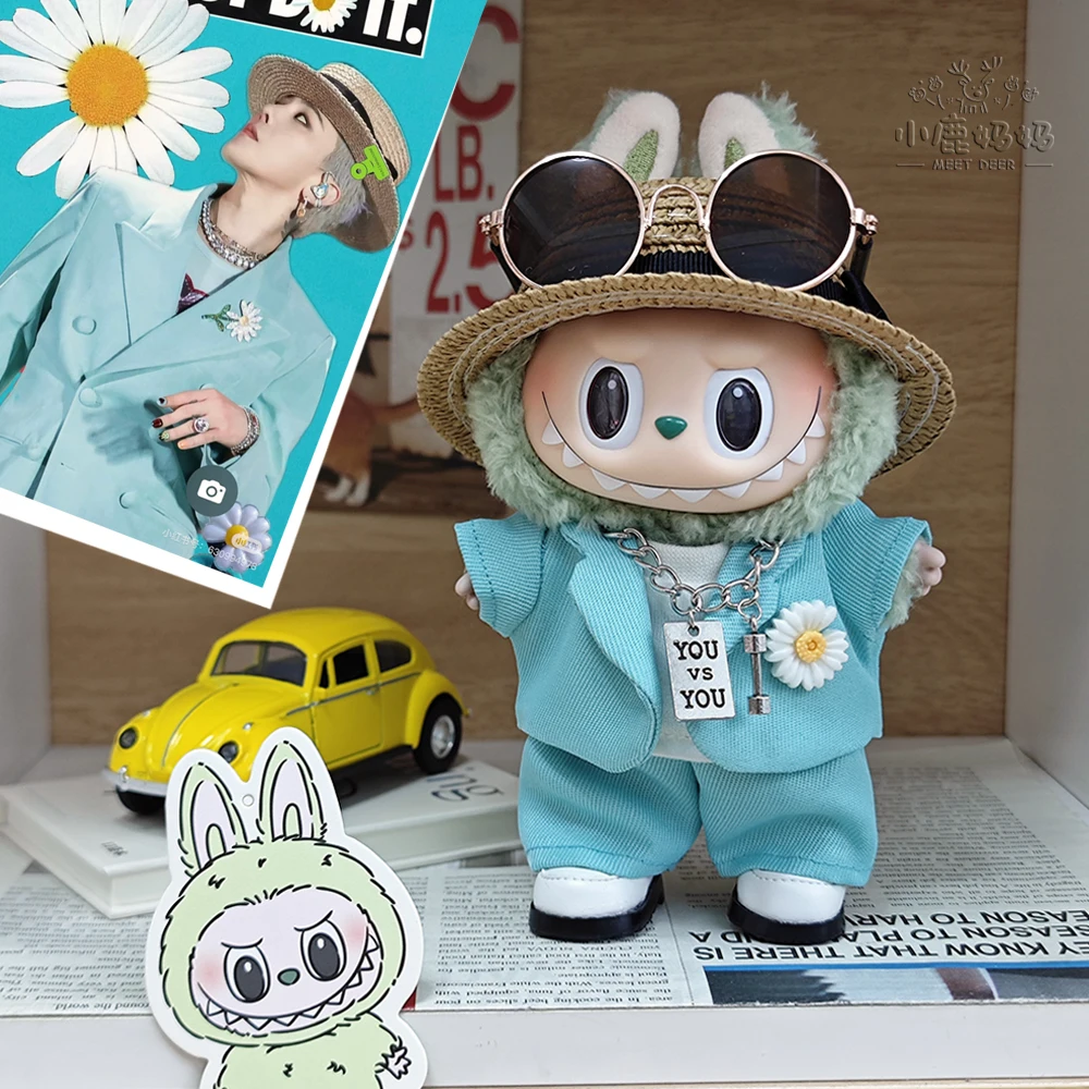 ​17 38cm Clothes For Labubu Handmade G-Dragon Inspired Mint Green Suit Set For Labubu Macaron Series Vinyl Figure Doll Clothes