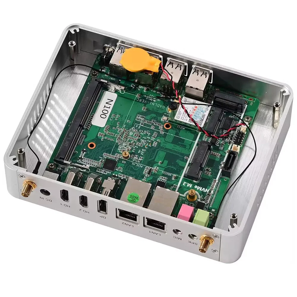 Mini PC sin ventilador con altavoz Intel N100 N95 Dual LAN Dual HD DP 4K 60Hz Triple pantalla DDR4 WiFi Win 10/11 ordenador de escritorio pequeño
