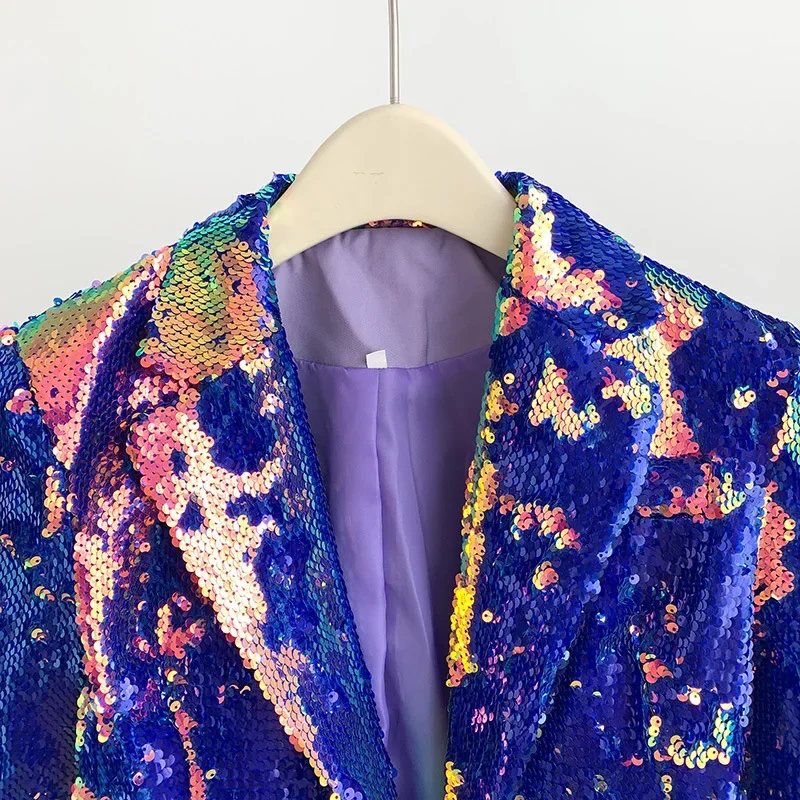 Women Gradient Color Sequins Blazer Loose Fit One Button Casual Coat Bar Stage Singer Performance Sequined Jacket Costume