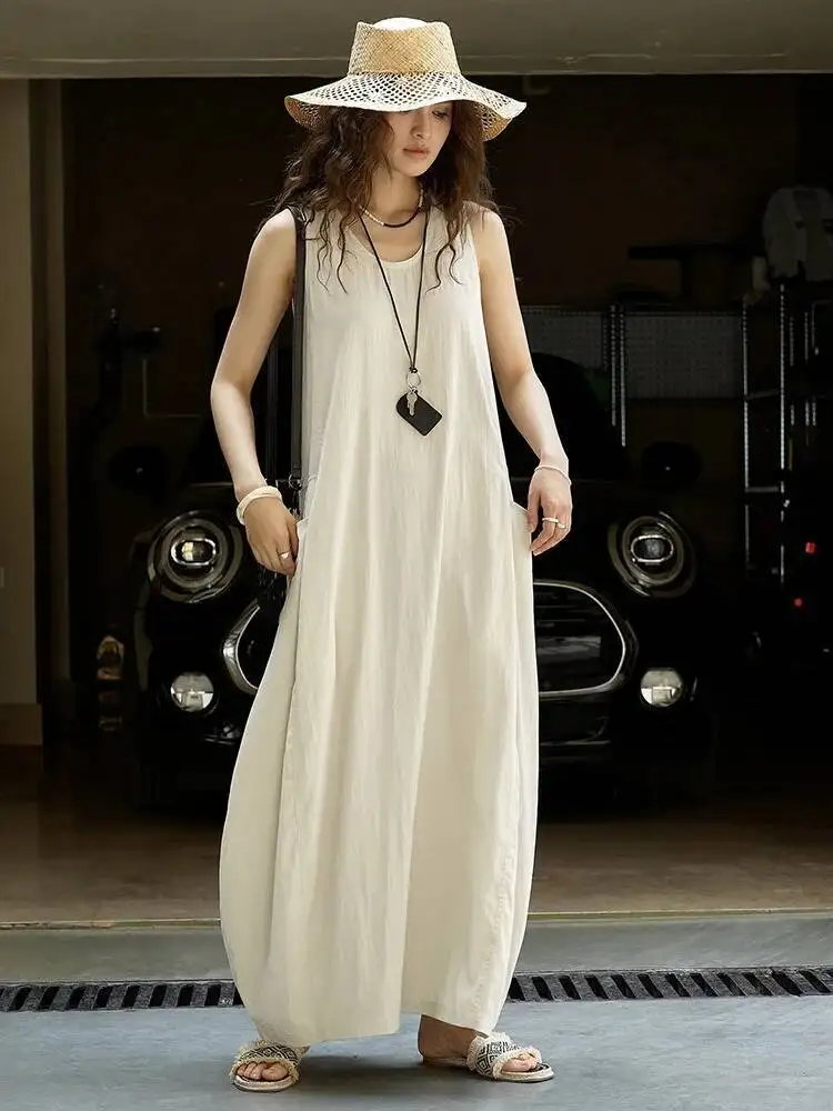HUISONG femmes kaki brève poche décontracté longue élégante bourgeon robe nouveau col rond sans manches mode marée printemps été 2025 pr3inq