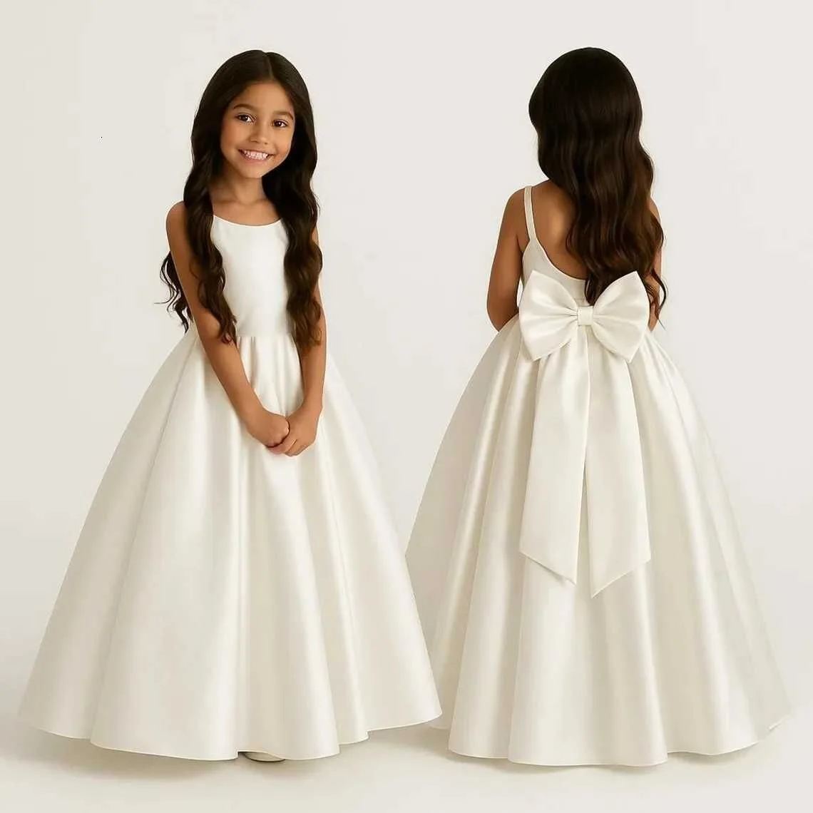 

Long Ivory Satin Flower Girl Dresses for Wedding Bow Party Birthday Princess Dress Junior Bridesmaid First Holy Communion Gowns
