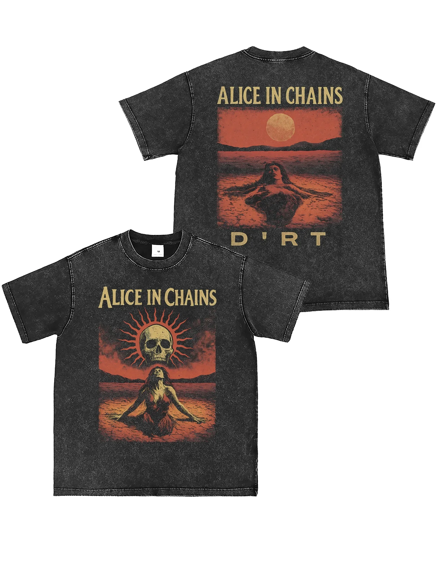Alice in Chains Band Vintage Washed Direct Print Grey American Street Punk Rock Short Sleeve T-Shirt Unisex Summer Cotton Tee