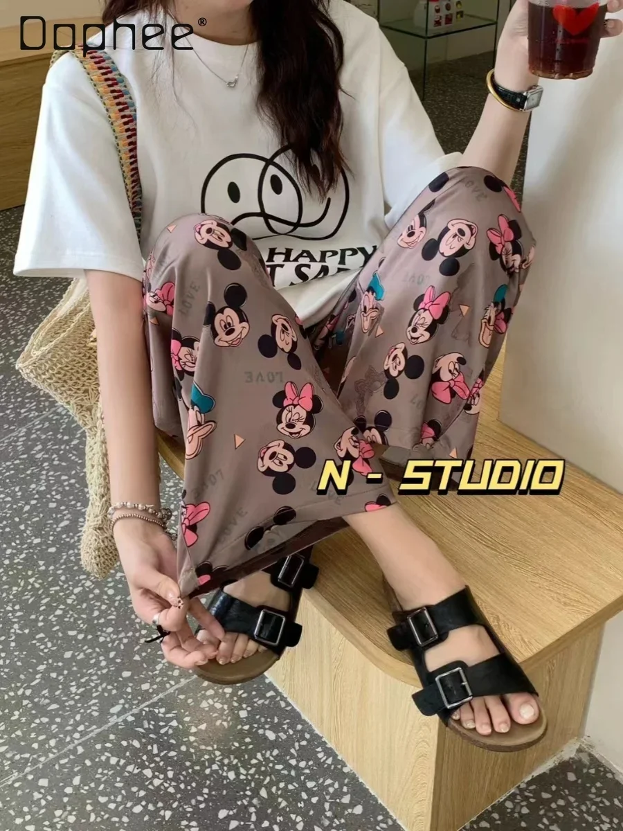 

Korean Fashion Thin Cartoon Printed Cool Pants 2024 Summer New Elastic Waist Acetate Fabric Straight Wide Leg Pants for Women