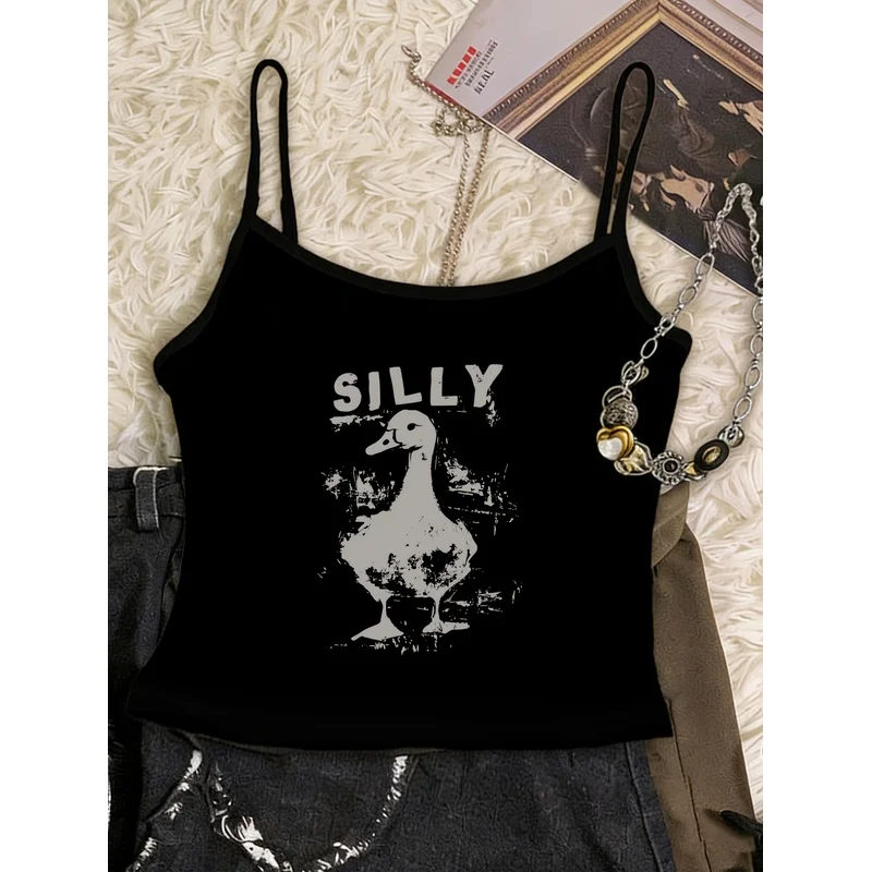 Retro Distressed Silly Duck Print Women Cami Top Y2K Sleeveless Slim Fit Black Crop Spaghetti Strap Tank Vest