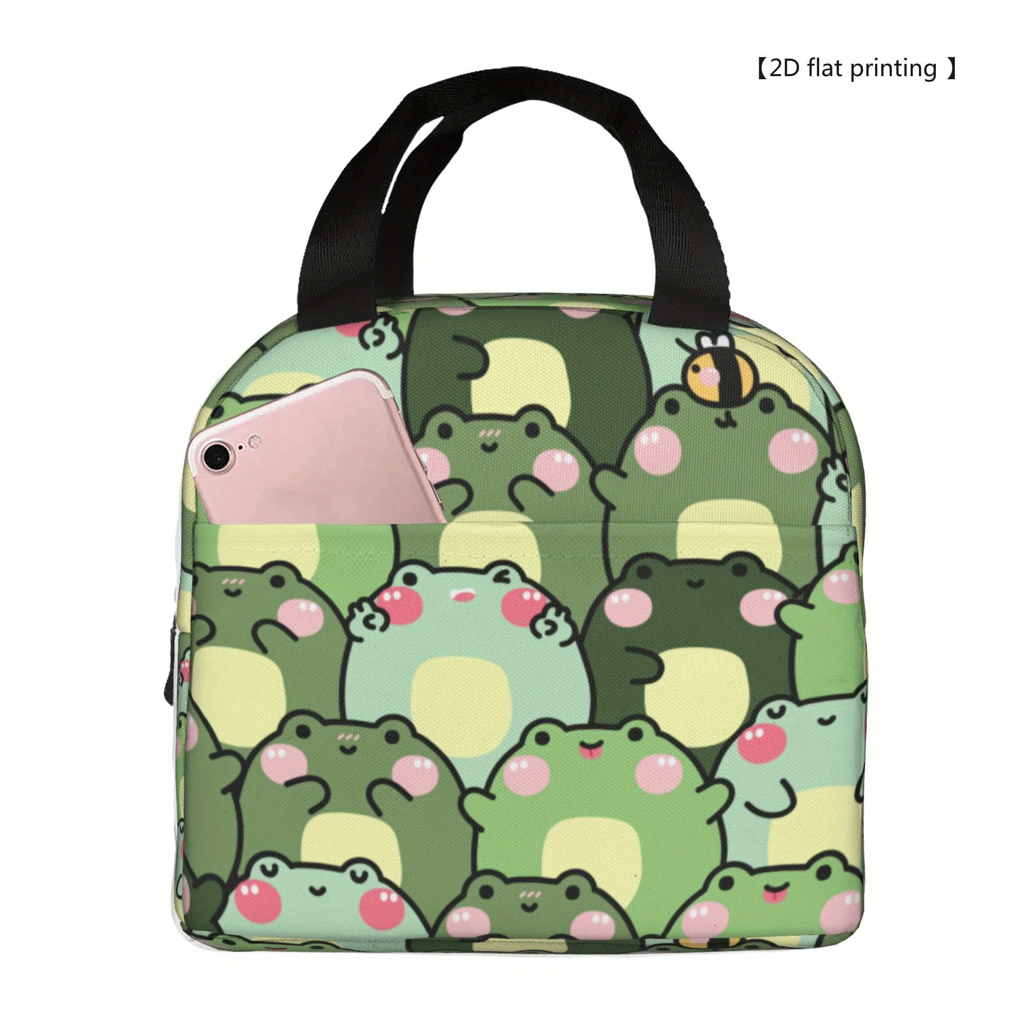 

Изолированная сумка для обеда с 2D-печатью и причудливым рисунком лягушки — многоразовый портативный холодильник с яркой зеленой и розовой лягушкой