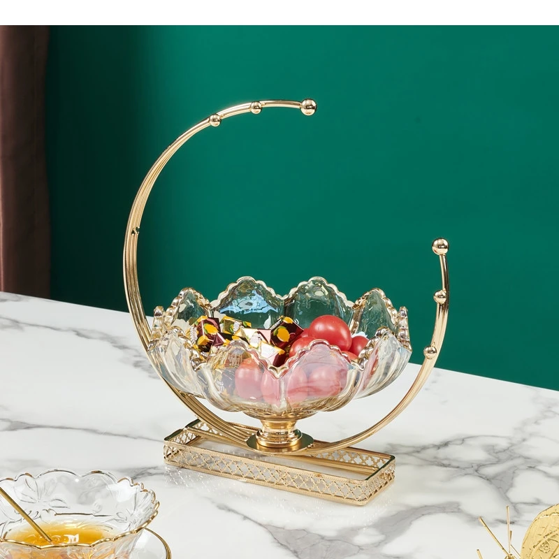 Flower Basket Shape Fruit Plates Metal Frame Bowls and Snacks Dessert Dishes Hotel Dinner Table-top Glass Serving Trays