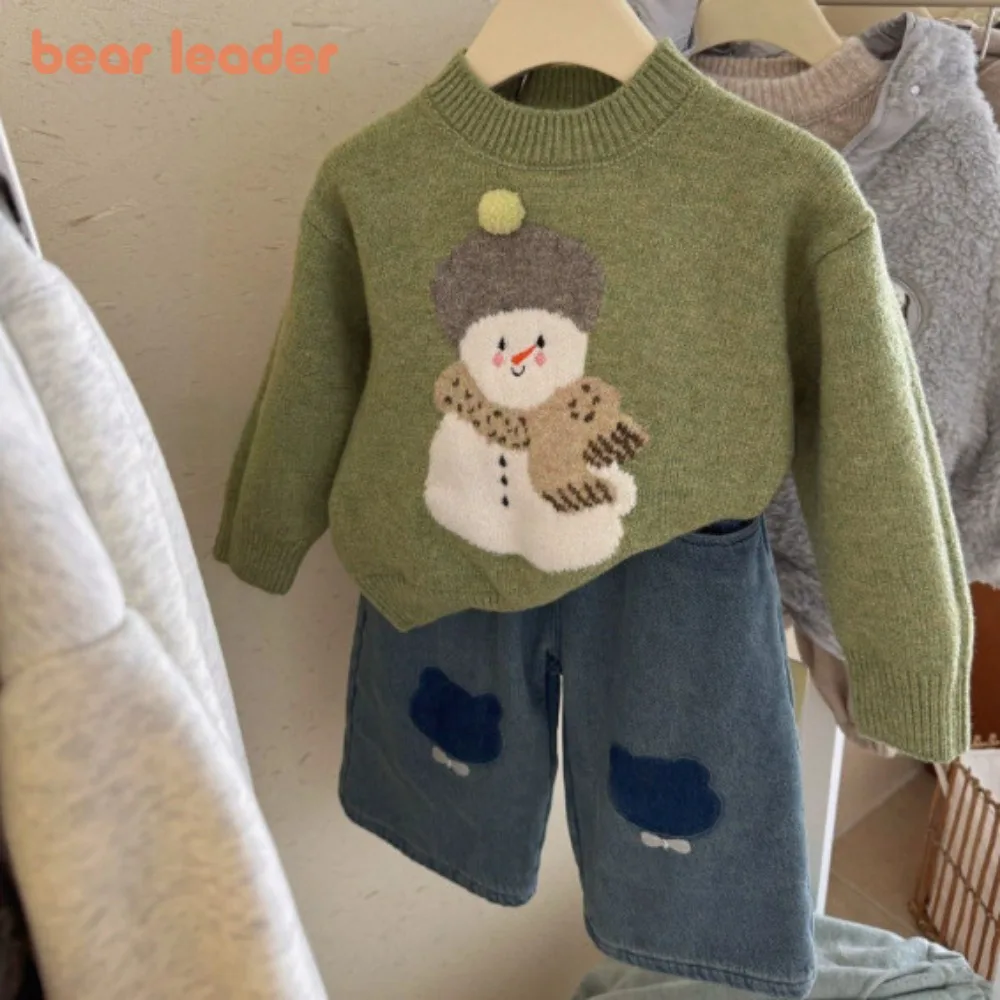 

Bear Leader 2024, весенне-осенняя новая повседневная детская одежда, зеленый свитер с принтом снеговика для девочек + джинсы, комплект из двух предметов