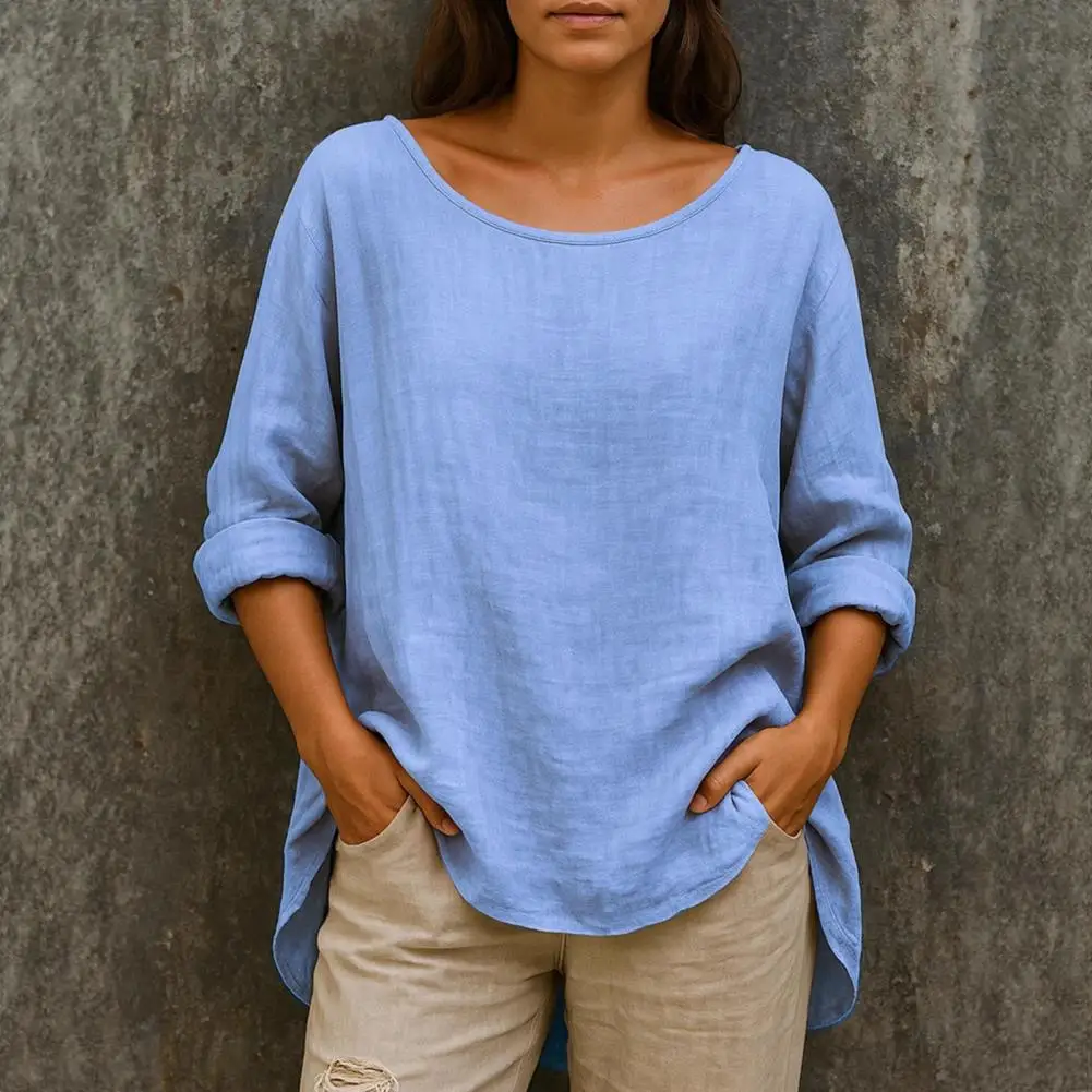 

Women Cotton Tops Breathable Summer Blouse Women’s Round Neck Blouse Long Sleeve Top Loose Fit Breathable Pullover Spring Shirt
