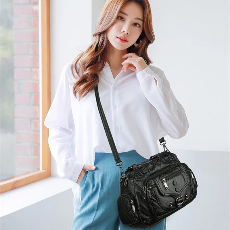 Ladies Tote Soft Leather Large Capacity Multilayer Shoulder Crossbody Bag Ladies Vintage Fashion Clash Color Bags