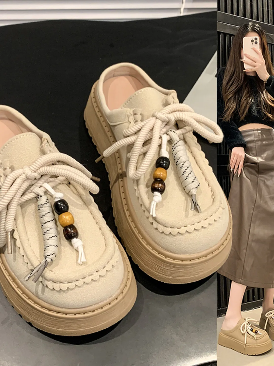 British Style Versatile Beaded Strap Sandals Women's 2026 Autumn New Flat Bottom Outdoor Wear Slip-On  Shoes