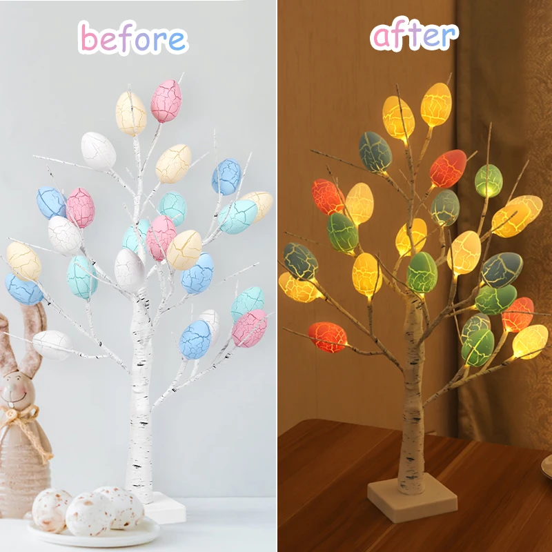 Easter Egg Tree LED Light Glowing Eggs Easter Decorations Spring White Birch Tree 60cm Desktop Ornament Festival Party Kids Gift