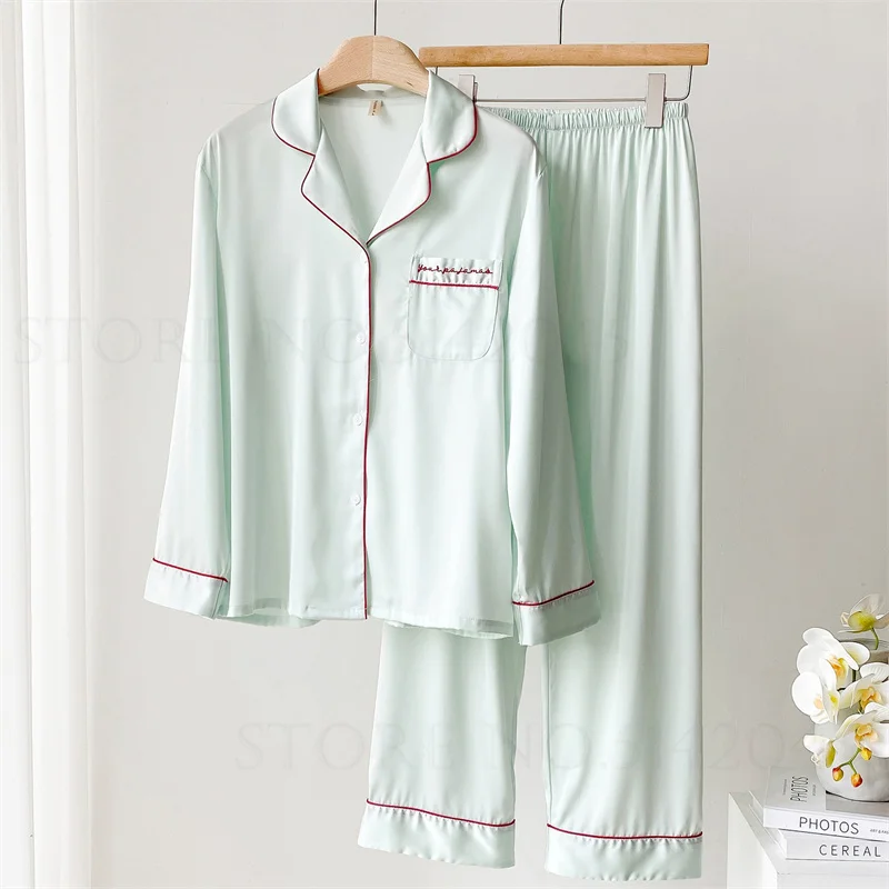 Green Satin Sleepwear Lounge Wear Female Long Sleeve Pajamas Trouser Suits Intimate Lingerie Casual Home Wear Pyjama Pour Femme