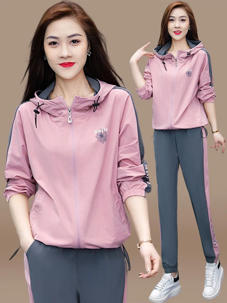 

Комплект спортивной одежды для молодых мам: повседневный костюм для бега больших размеров с молнией, длинными рукавами и брюками, из полиэстера