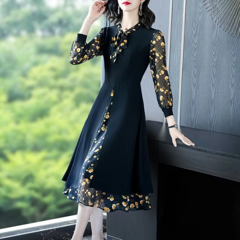 Women Bow Collar Midi Dress Three Quarter Sleeve Spliced Floral Print Chiffon A Line Dress