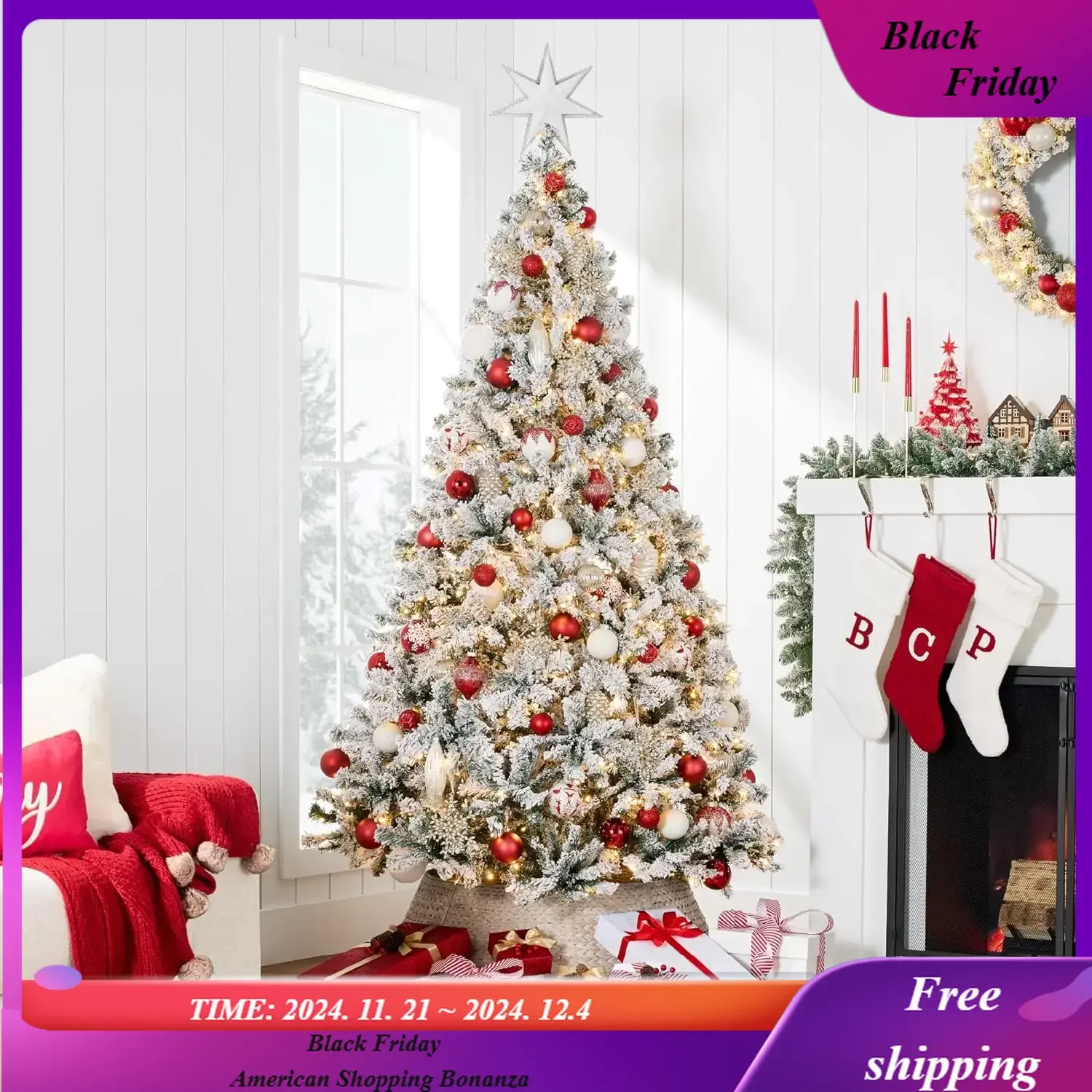 Pre-Lit Artificial Christmas Tree, 12ft Snow Flocked Design Pine Tree, Full Appearance Snowy w/Easy Assembly Metal Stand