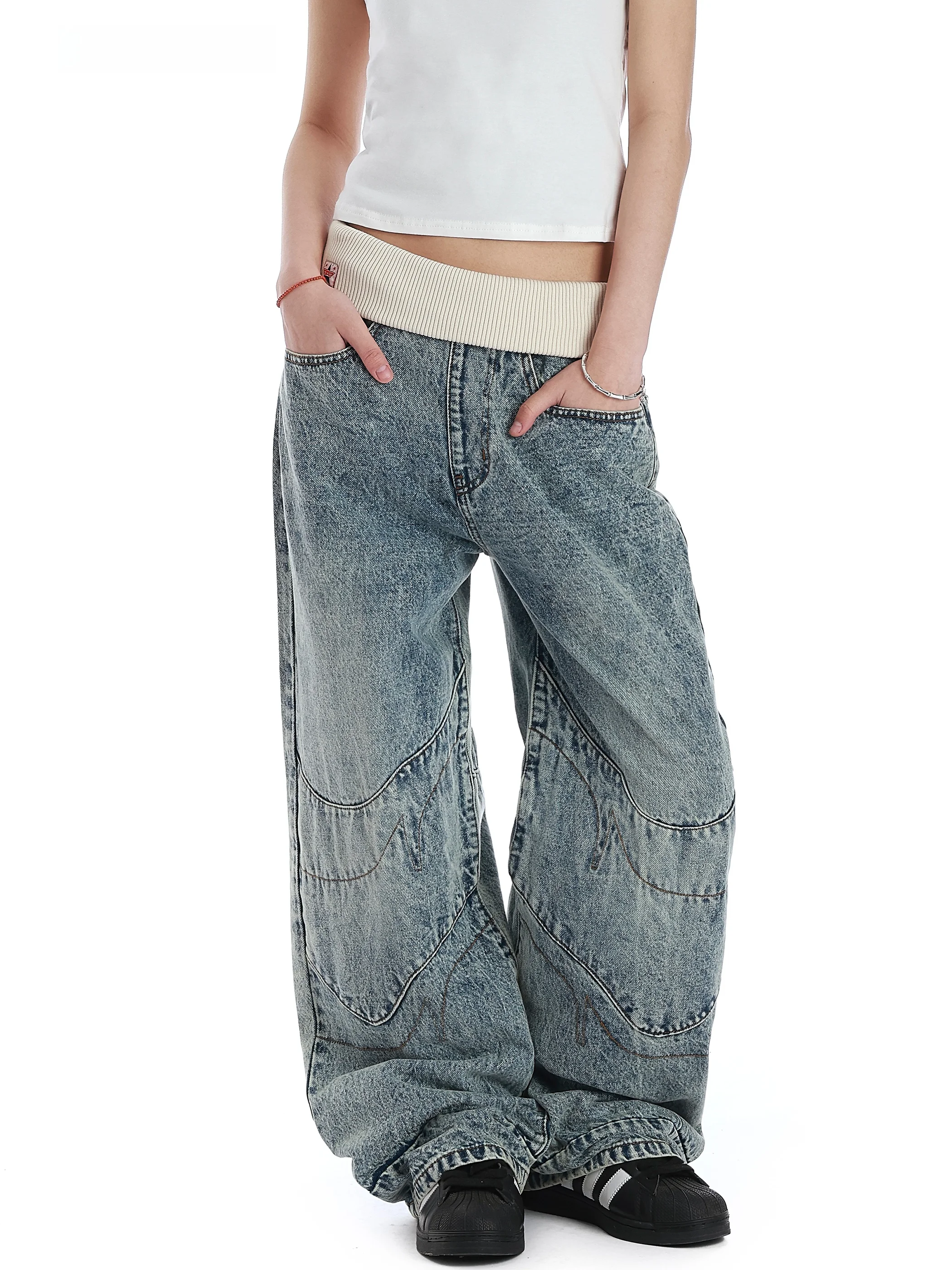 

American Retro Ribbed Waist Jeans Loose Straight Leg Trousers Men Women Casual Wide Leg Pants Comfortable Fit Denim Jeans