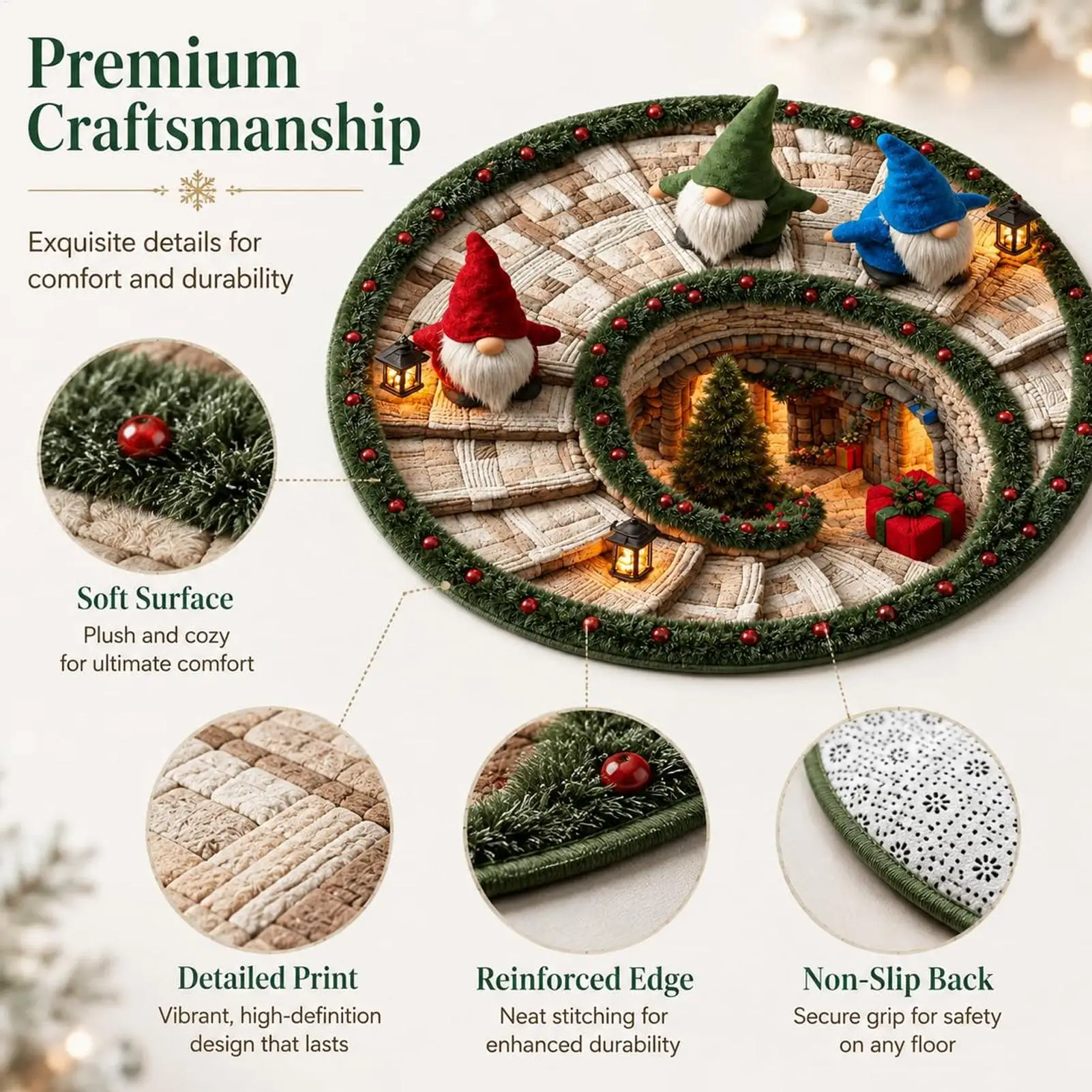 Christmas Area Rug 23.6Inch Round Optical Illusion Gnome Decoration Non Slip Door Mat Carpet for Living Room Bedroom Entrance
