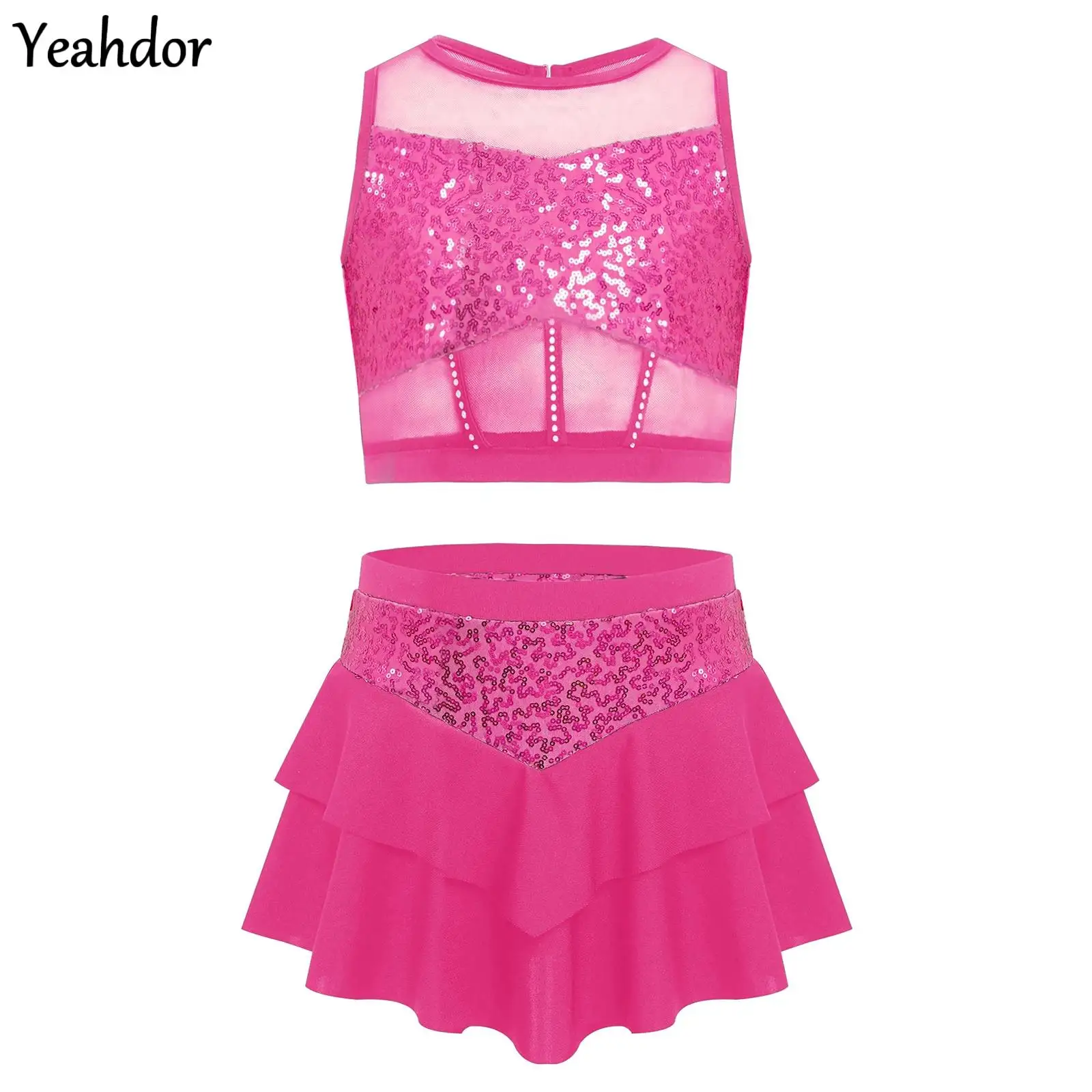 

Kids Girls Shiny Sequins Crop Top with Tiered Skirt Jazz Street Dance Outfit School Basketball Cheerleading Performance C