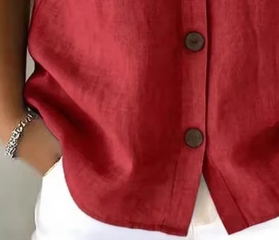 Women's Elegant Summer Cotton Linen Tops Short Sleeve Lapel Button Up Solid Color Loose Shirt Women Casual Blouse Cardigan Tops