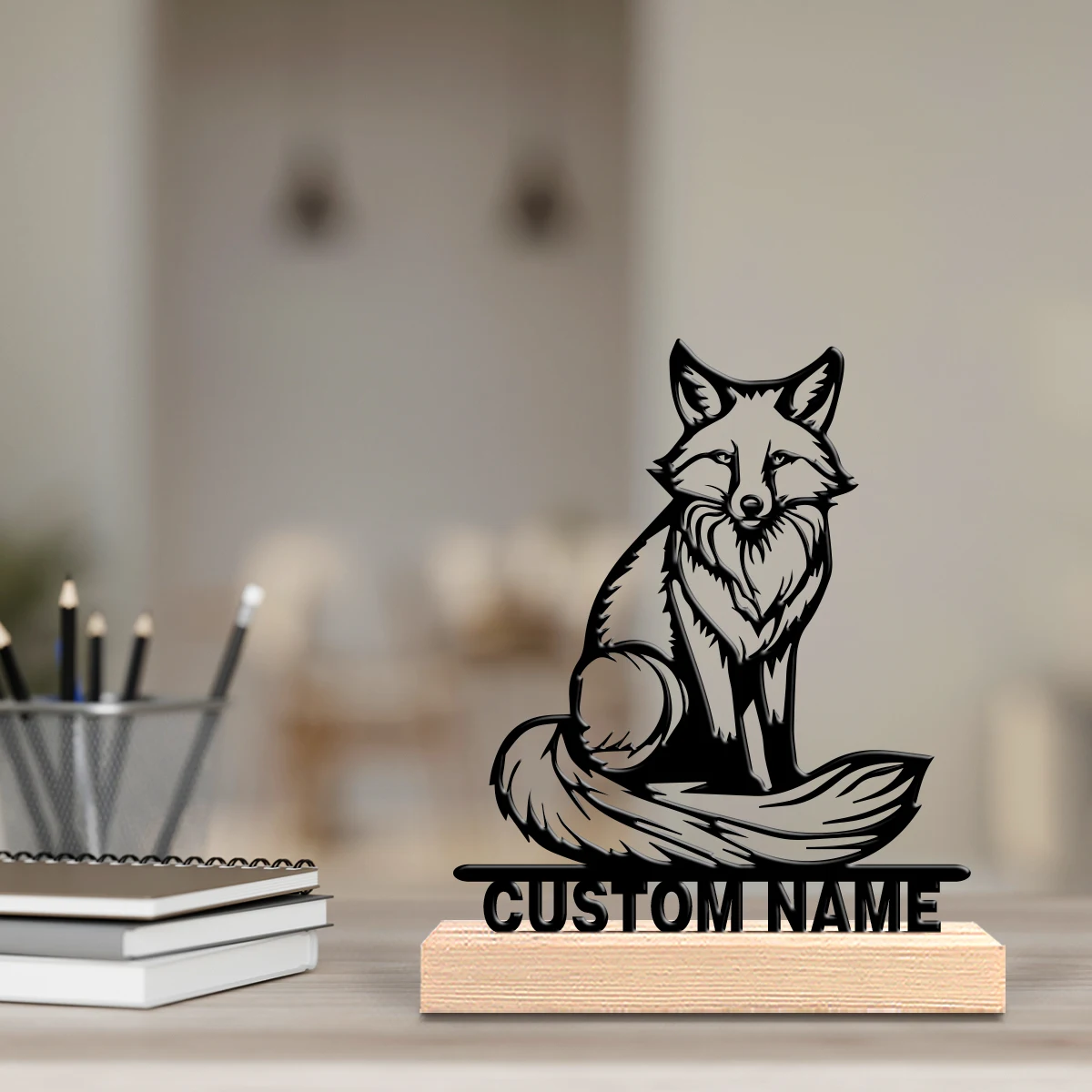 Diseño artístico personalizado, arte metálico de zorro con base de madera, decoración de mesa, ideal para regalos de abogados, oficinas y regalos para hombres.