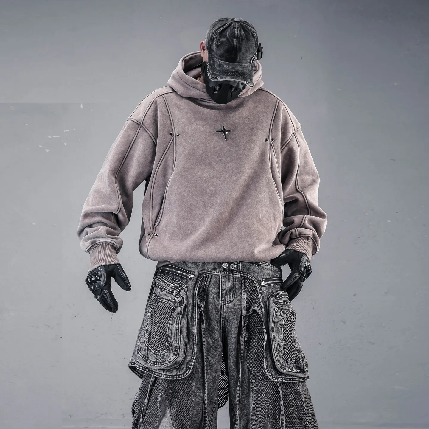 LZ Wasteland Style Heavy Distressed Deconstruction Stitching and Brushed Sweater Men's Hooded Winter High Street Loose Hoodie