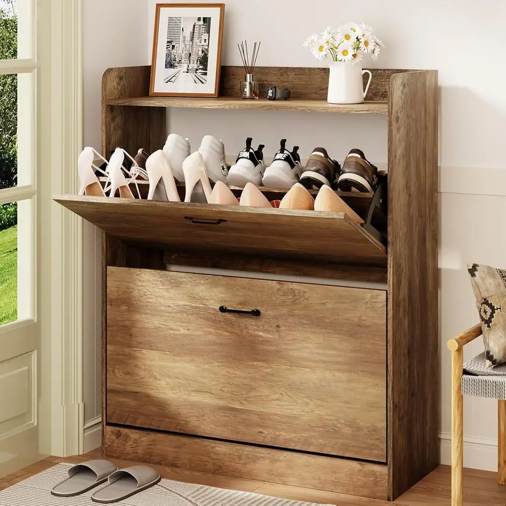

Two-Tier Shoe Storage Cabinet with Metal Legs, Narrow Rack for Entryway in Walnut Finish