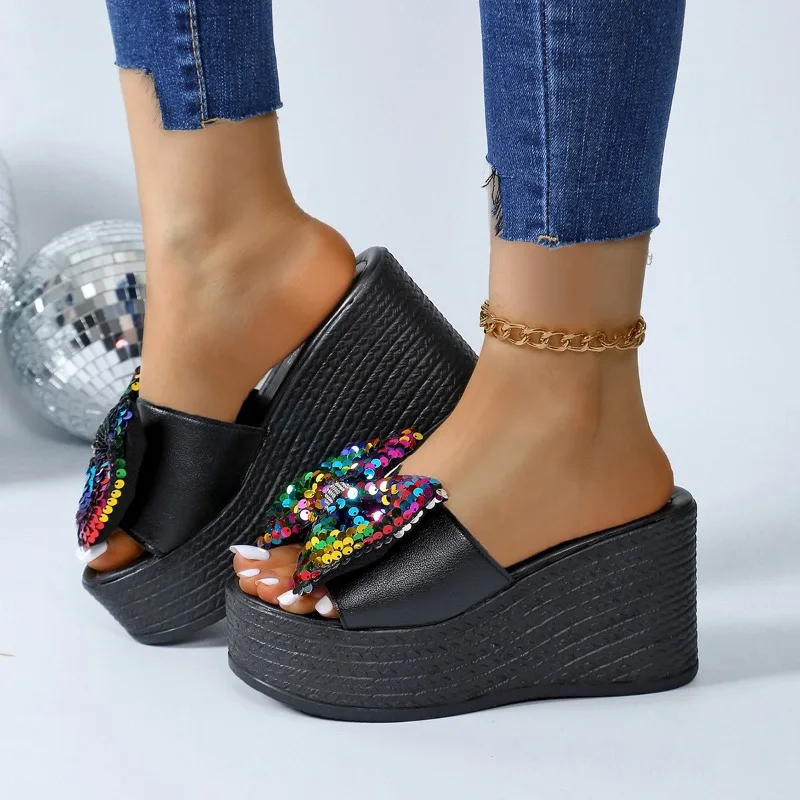 Wedges Women Shoes 2024 Summer New Shiny Big Butterfly Knot Women's Slipper Super High Heel 8CM or Above Fashion Platform Slides