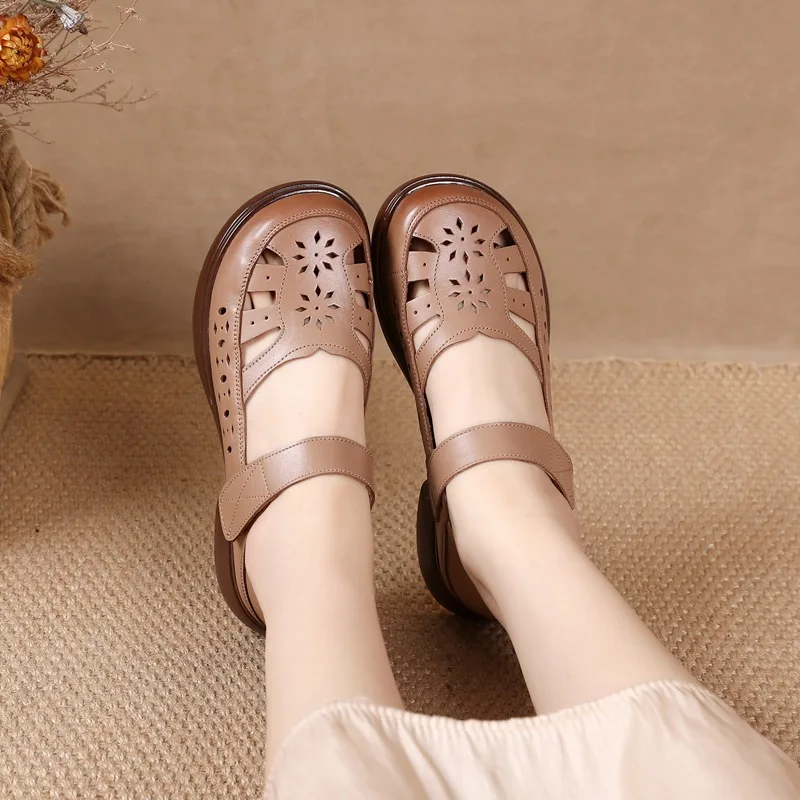 Retro Nostalgic Summer Women Shoes Cowhide Platform Flower Women\'s Sandals Leather Thick Soles Light Comfortable Southeast Asia