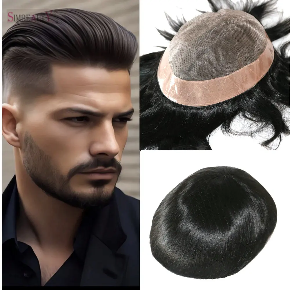 Natural Hairline Men's Toupee 100% Human Hair Wigs  Prosthetic Hair Male 8x10" Mono Lace &NPU Base Prosthesis Replacement System