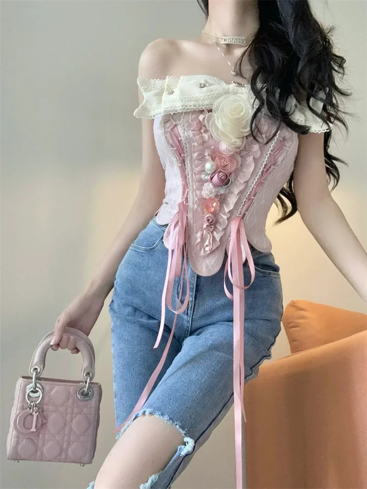 New Summer Gothic Punk Splicing Bandage Lace Backless Casual Hot Girl Top Streetwear Sexy Women Pink Slim Vest Suit