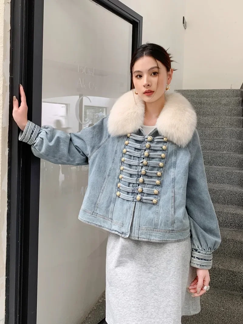 2024 Winter Removable Fox Hair Denim Fur Jacket For Women