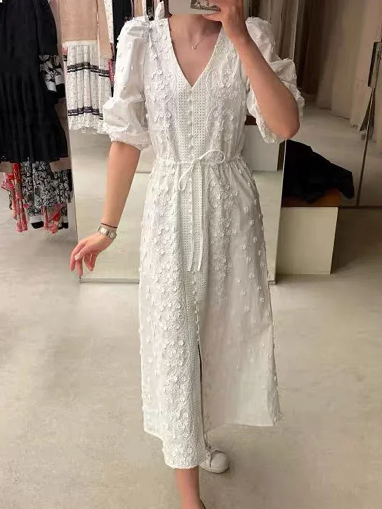 Gypsylady Elegant Chic Embroidery Maxi Dress White Applique Holiday Dresses Women Puff Sleeve Hollow Out 2XL Vintage Long Dress