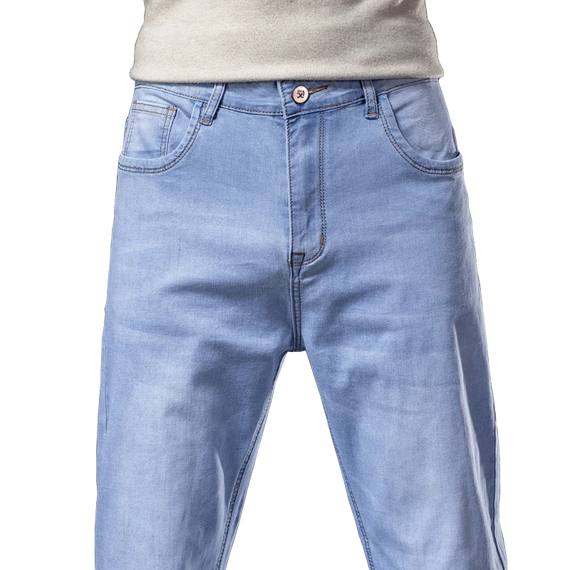 

Men's Blue Straight-leg Thin Jeans Business Casual Cotton Stretch Light-weight Denim Pants Male Brand Plus Size 40 42 44
