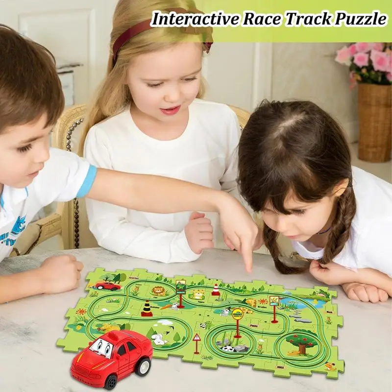 Kids Rail Car Set Plastic Floor Puzzles Racer Track for 3 4 5 6 Year Old Boys Learning Educational Montessori Toys Brain Toys