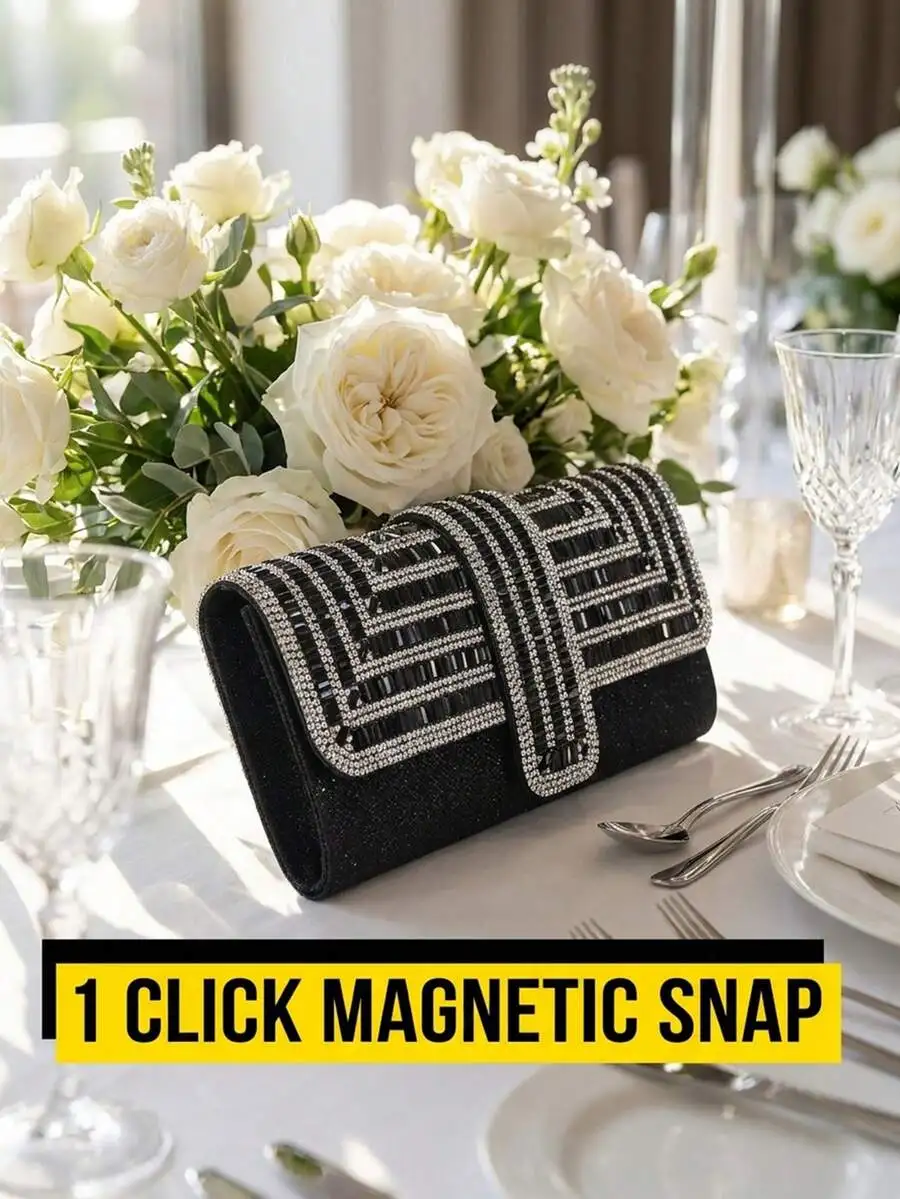 

Black Geometric Rhinestone Clutch Purse For Women Evening Bag With Magnetic Snap