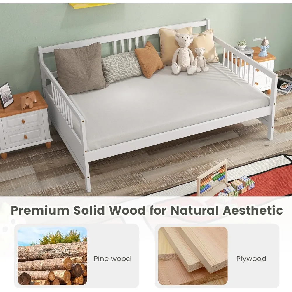 Espreguiçadeira de tamanho completo, sofá-cama de madeira com suporte de ripas de madeira para crianças adolescentes, cama de dia multifuncional para sala de estar