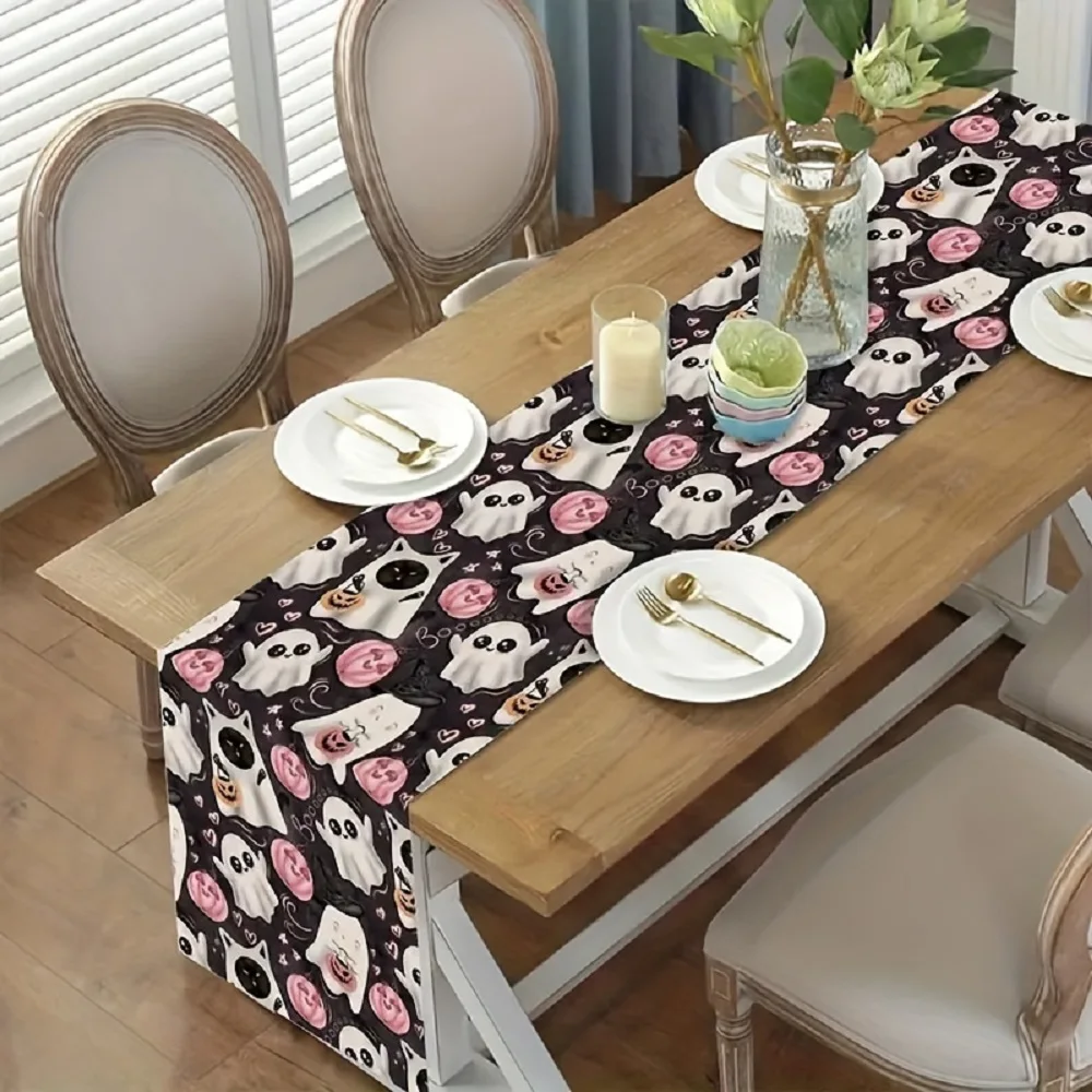 1 Cute Halloween Table Runner, Painted Ghost, Black Cat, Pink Pumpkin, Adapted to Party, Restaurant, Home, Market, Holiday Decoration.