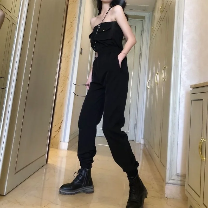 

Jumpsuits Women Summer Black Slash Neck Cargo Trousers Sexy Gothic Punk Girls Fashion Full Length Chic Harajuku Streetwear Tunic