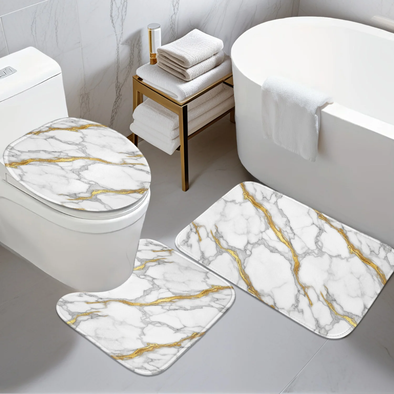 

Bathroom Antislip Mat 3pcs Set Golden Pattern Marble 2D Flat Design Pattern Digital Printing Includes Antislip Mat