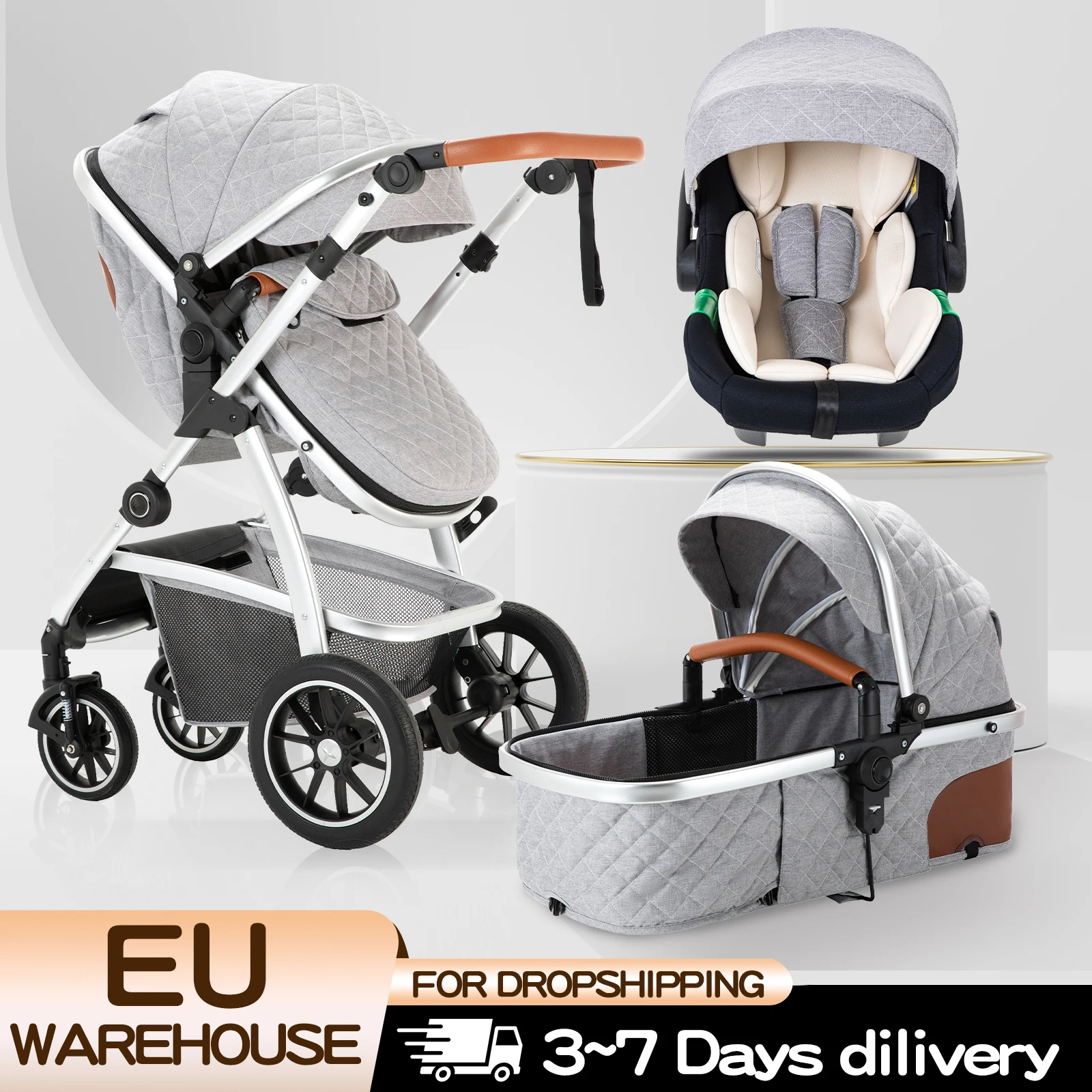 Poussette 3 en 1 pour bébé, haute position, poignée réglable, poussette de voyage avec moustiquaire, cadre en aluminium, multifonction